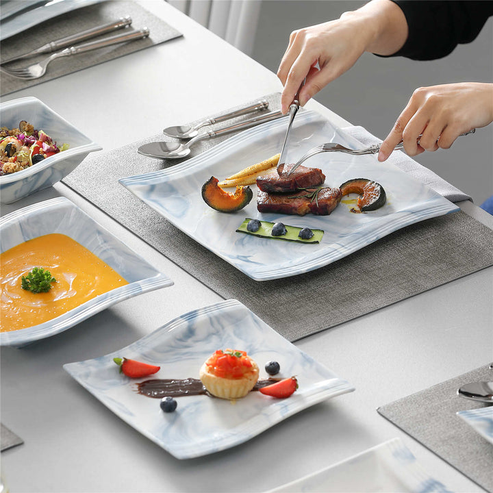 Flora 26-Piece Marble Blue Porcelain Dinnerware Set for 6