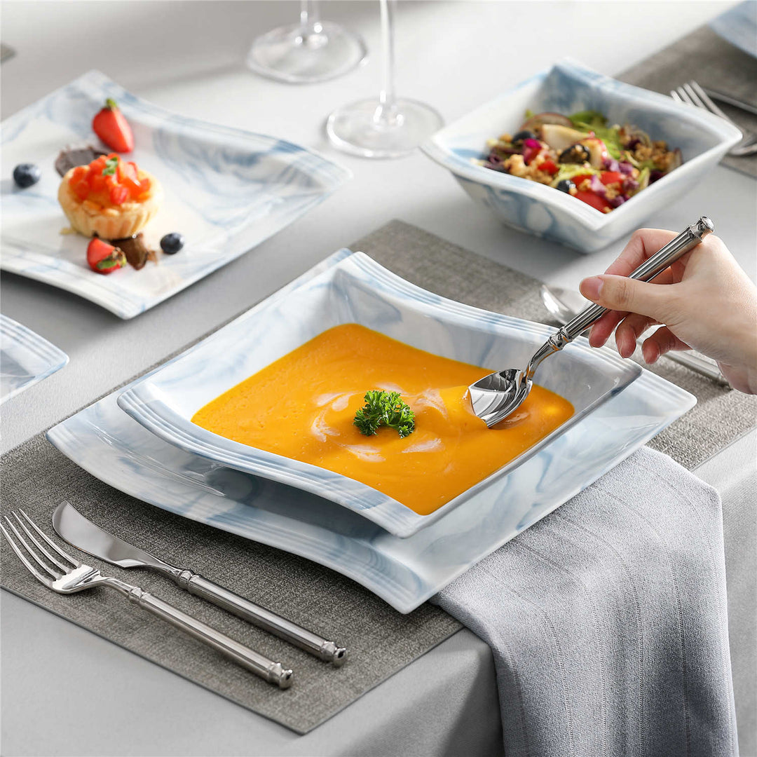 Flora 26-Piece Marble Blue Porcelain Dinnerware Set for 6