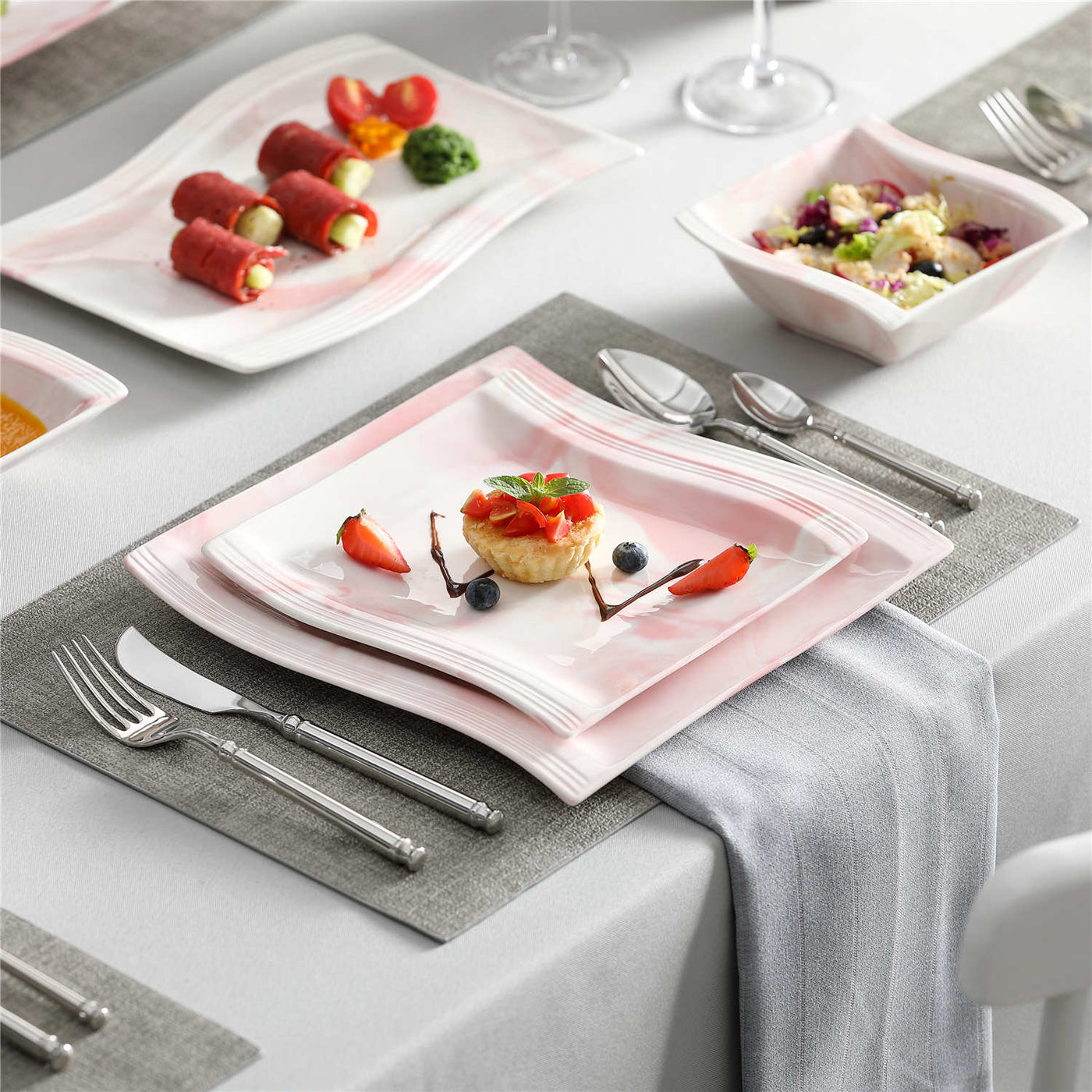 MALACASA Dinnerware Sets, Porcelain Tableware Set Marble Grey, 26