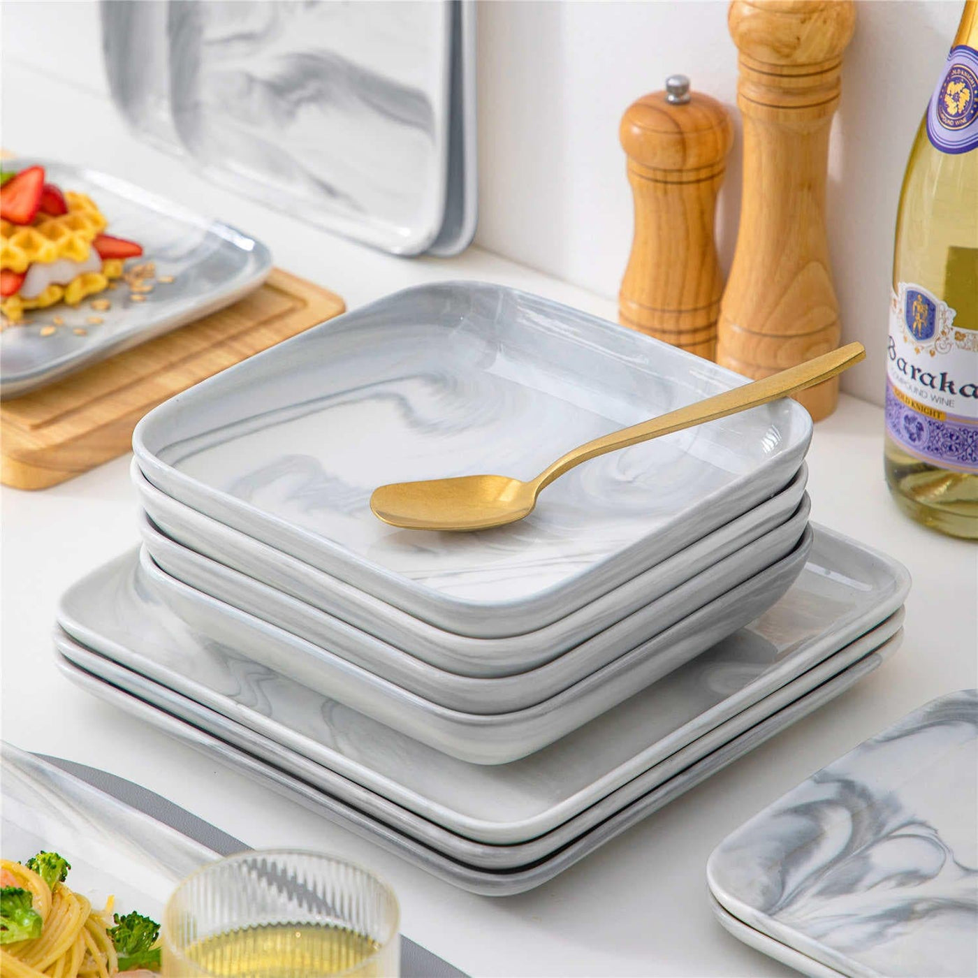 MALACASA Blance 12-Piece Marble Grey Porcelain Dinnerware Set