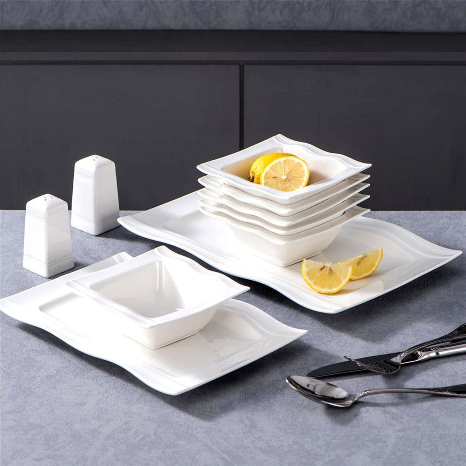 MALACASA, Series Julia, 18-Piece Dinner Sets Ivory White Porcelain