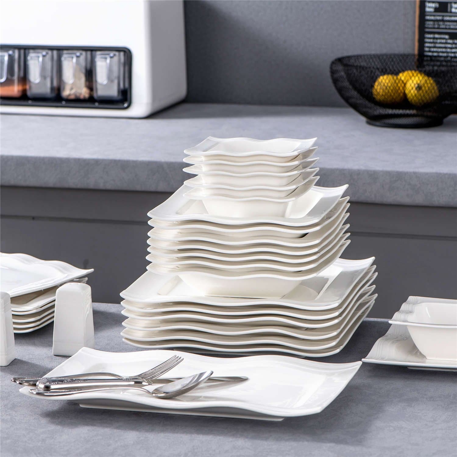 MALACASA, Porcelain Dishes Sets for 6, 18-Piece Dinner Set Ivory White,  Series JULIA 